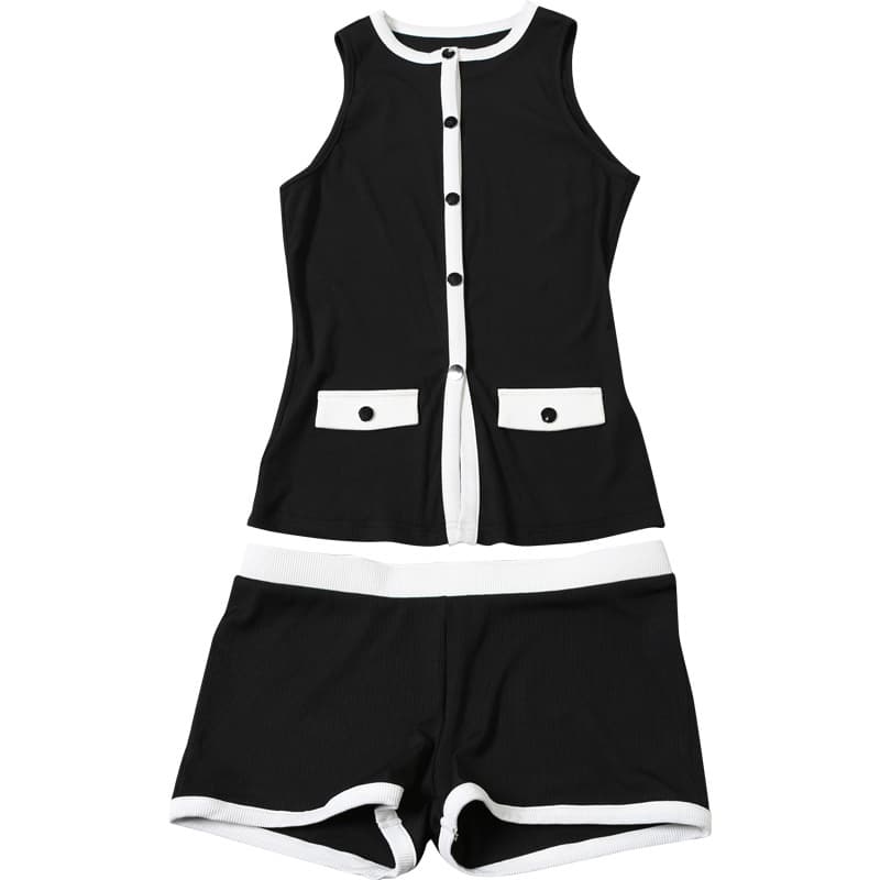 パンツセットアップ 配色切替えノースリーブベスト風ショートパンツセット
