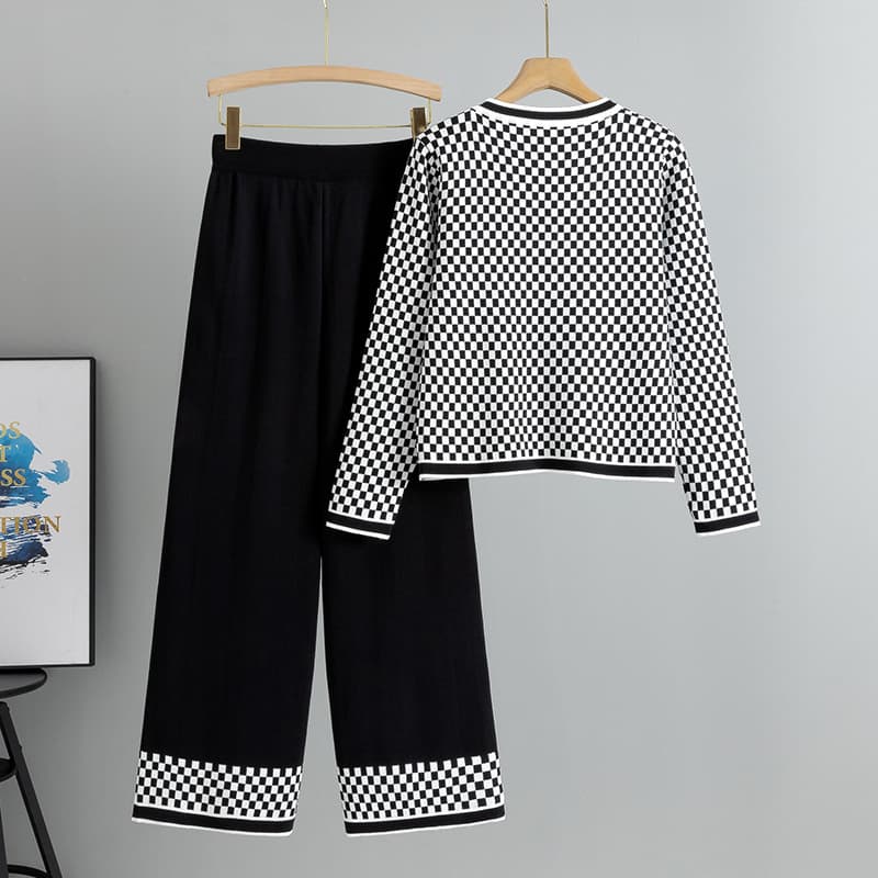 パンツセットアップ 市松模様ニットワイドパンツセット