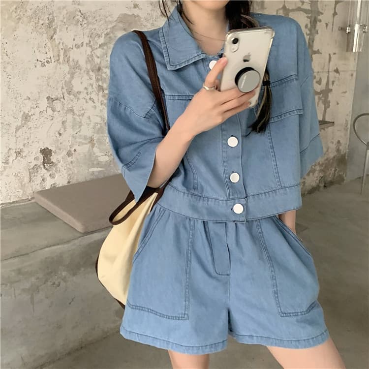パンツセットアップ デニム風ゆったりショートパンツセット
