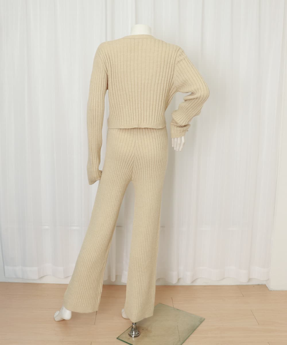 パンツセットアップ リブ編みニットセットアップ ワイドパンツ 上下セット