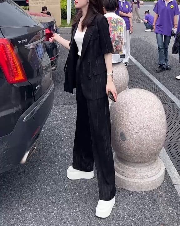 パンツセットアップ ワイド 優雅な半袖ストライプ
