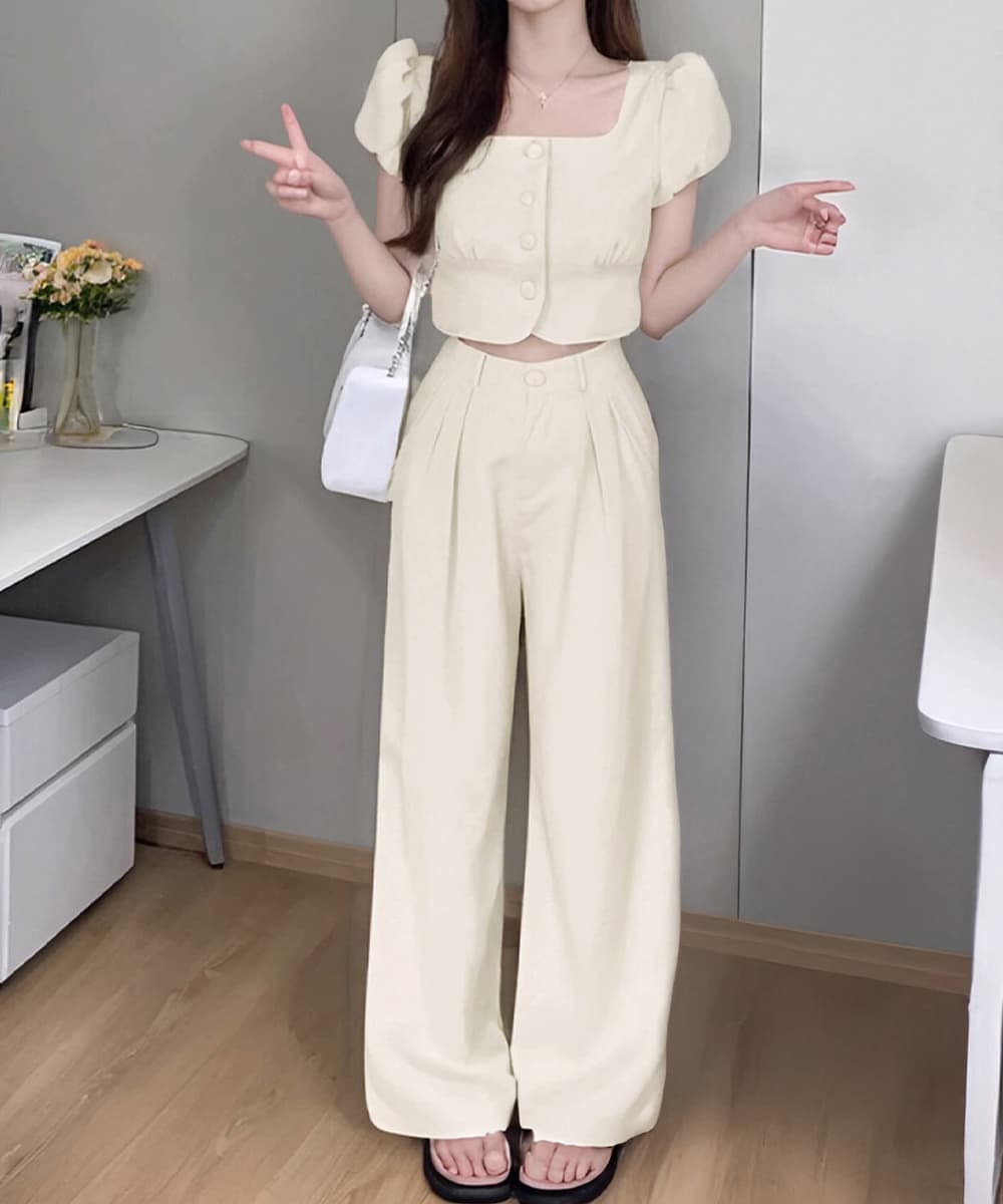 パンツセットアップ 春夏パフスリーブ上下セット ワイドパンツ