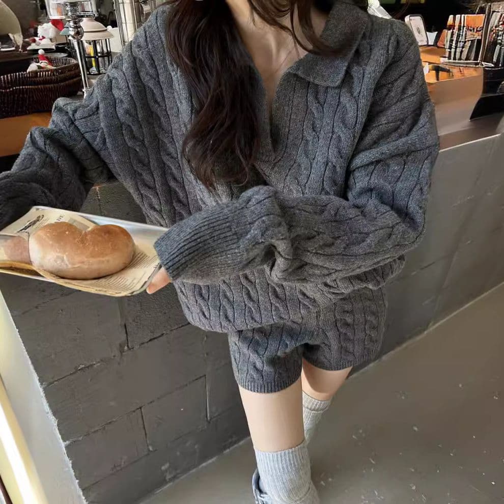 パンツセットアップ ケーブル編みニットジップアップ上下セット