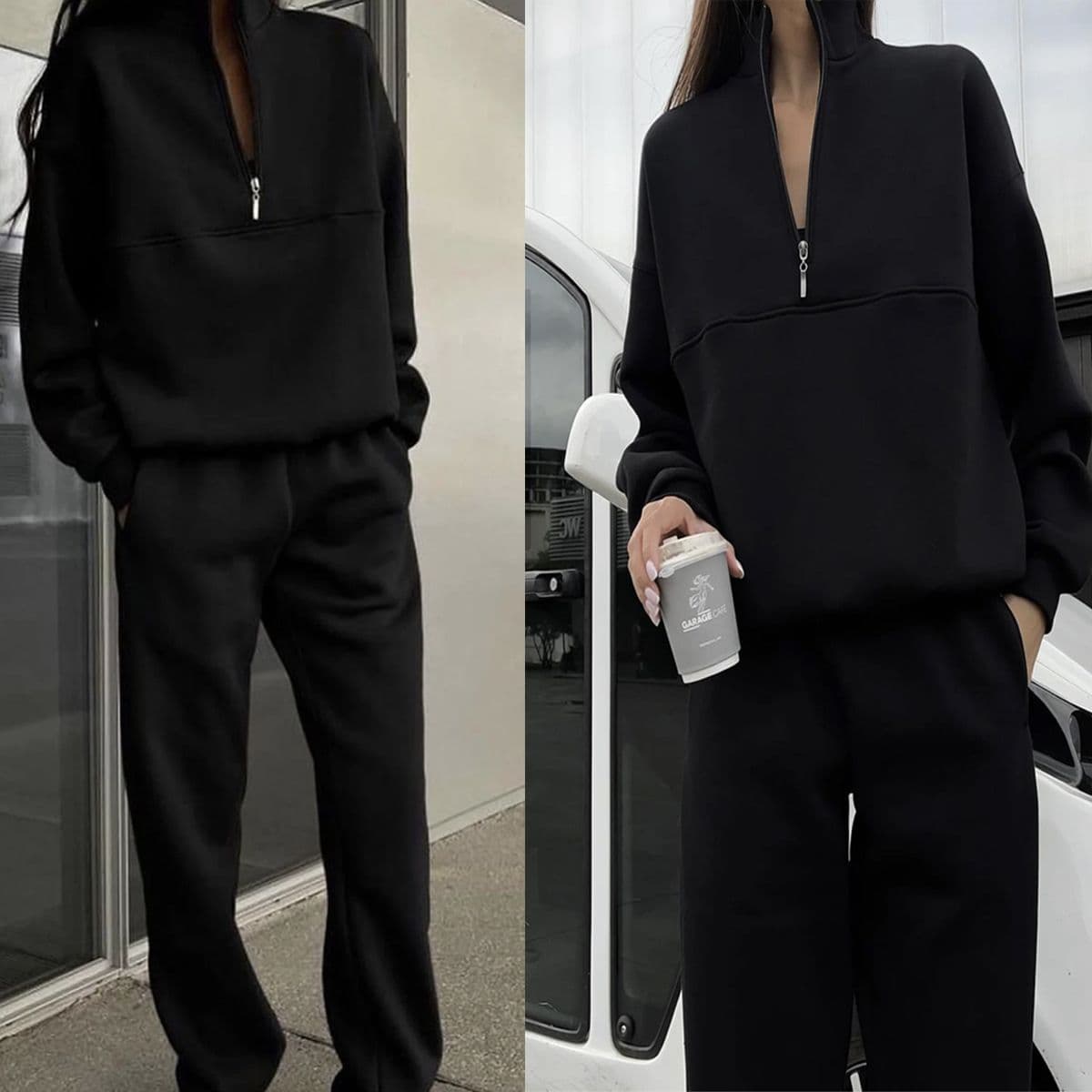 パンツセットアップ ハーフジップトップス×ワイドパンツの上下セットアップ