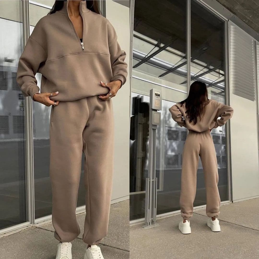 パンツセットアップ ハーフジップトップス×ワイドパンツの上下セットアップ