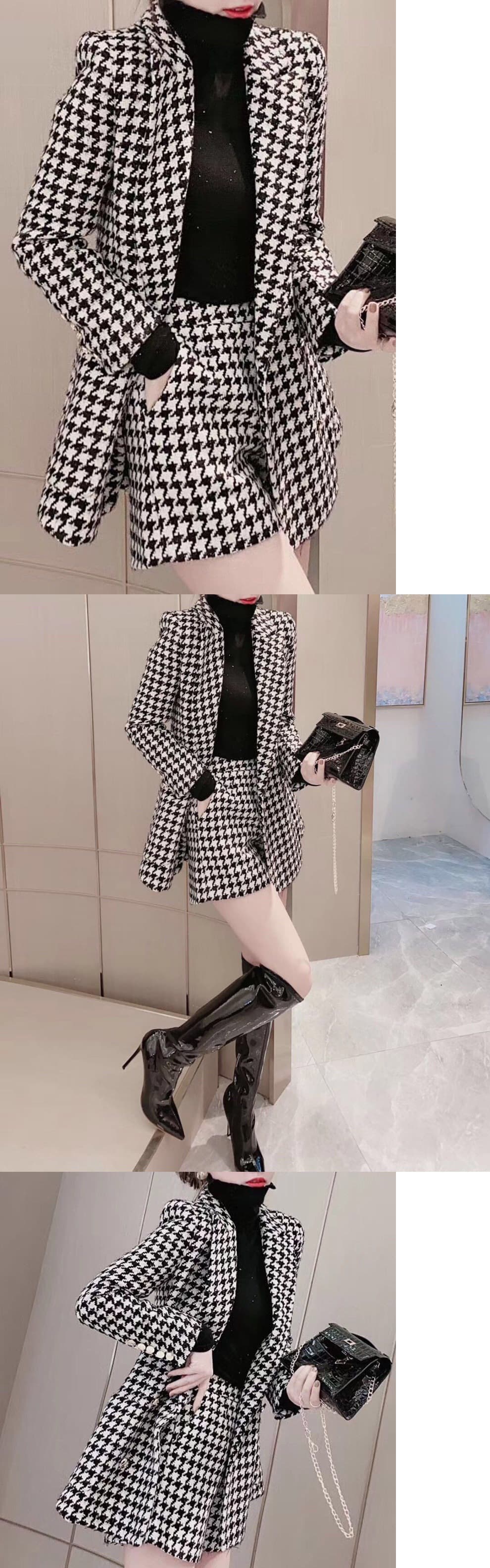 パンツセットアップ 千鳥格子ジャケットショートパンツセット