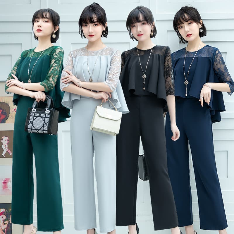 パンツセットアップ レース袖付き重ね着風パンツセットアップ