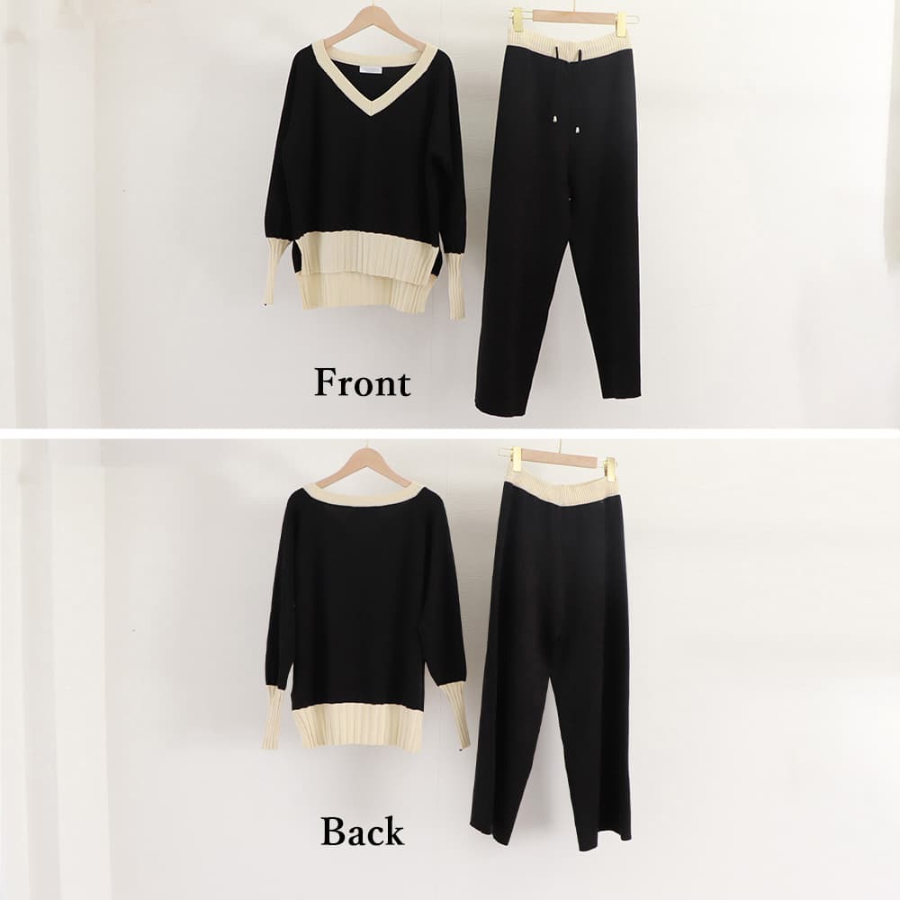 パンツセットアップ 配色ニットセットアップ ワイドパンツ レディース 秋冬