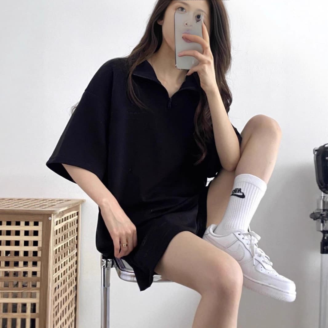 パンツセットアップ 半袖ジップアップトップス＆ショートパンツ上下セット