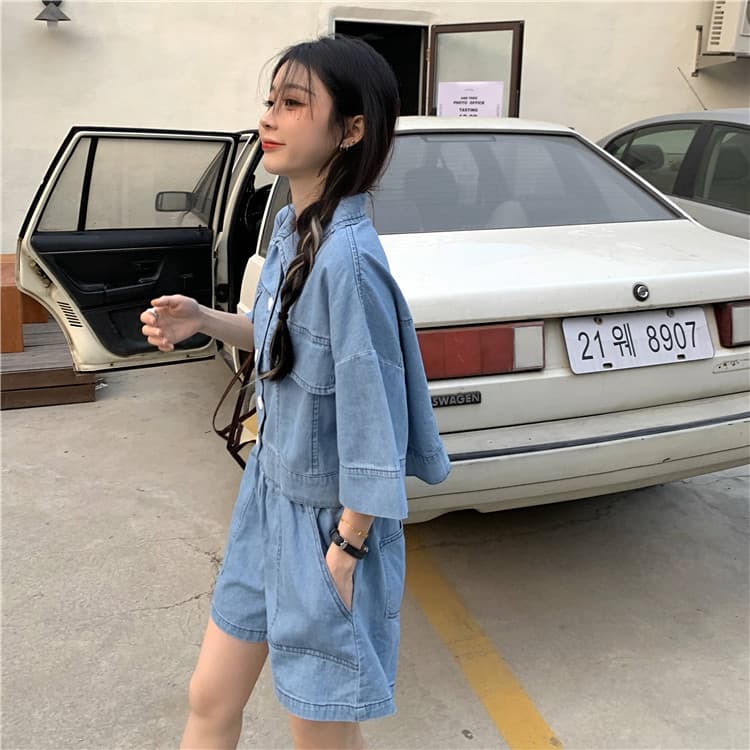パンツセットアップ デニム風ゆったりショートパンツセット