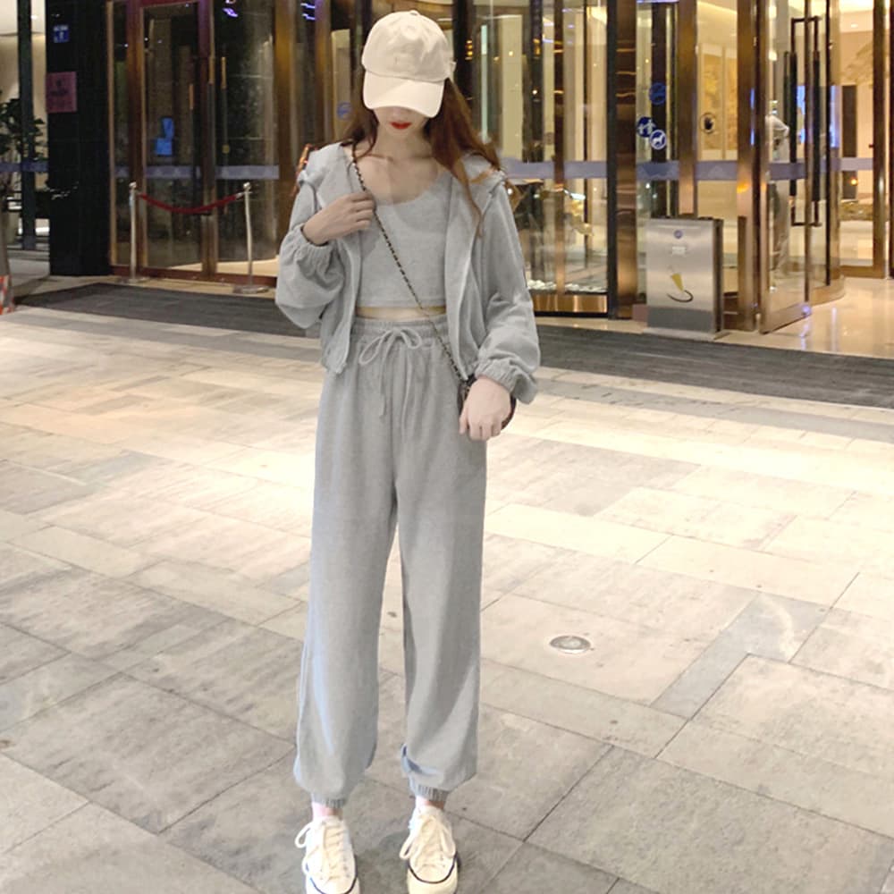 パンツセットアップ 韓国風ワイドパンツスウェット3点セット レディース