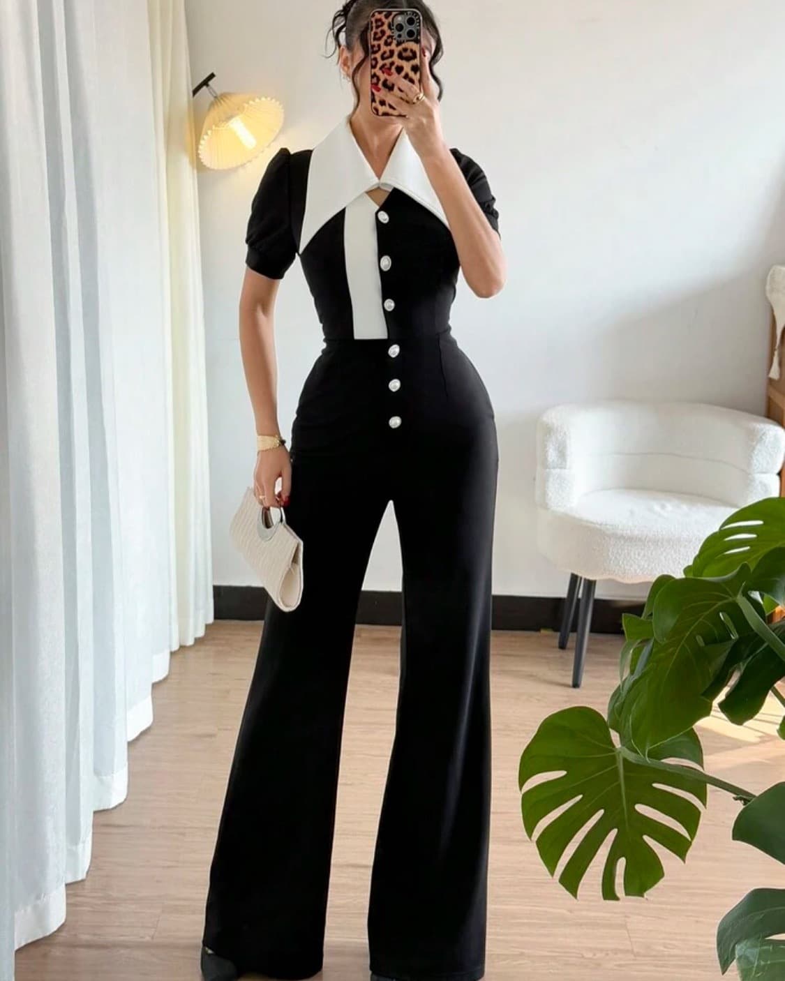 パンツセットアップ 大きな襟デザインつなぎ風パンツセットアップ