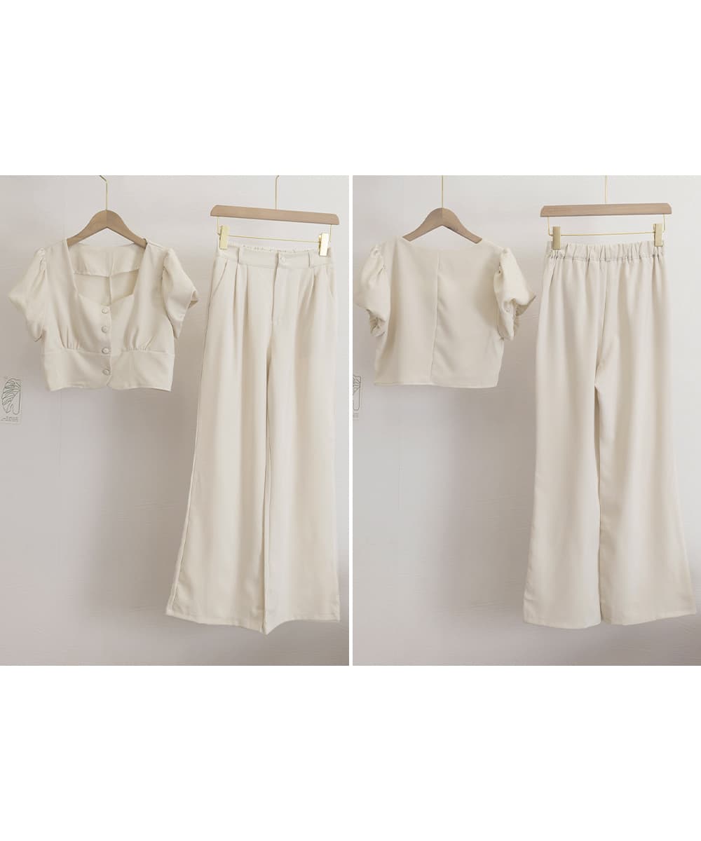 パンツセットアップ 春夏パフスリーブ上下セット ワイドパンツ