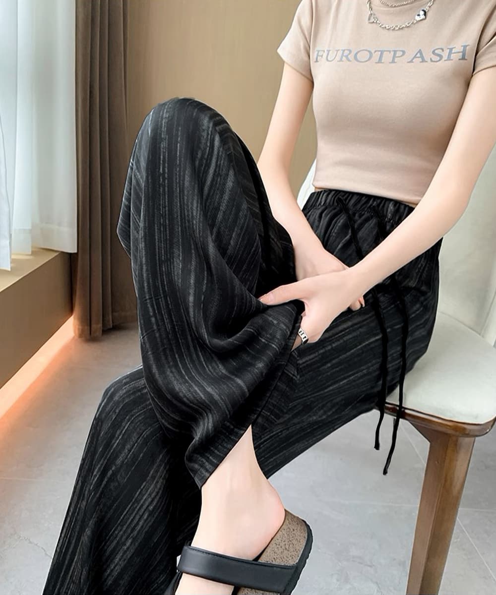 パンツセットアップ 縦縞模様ワイドパンツ 薄手涼感夏用長ズボン