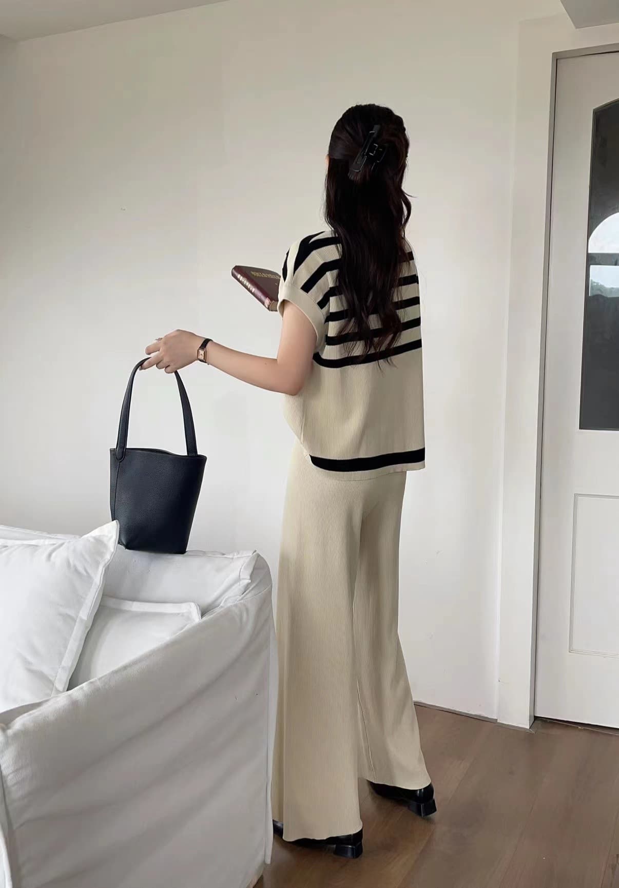 パンツセットアップ ボーダーニット ワイドパンツセットアップ