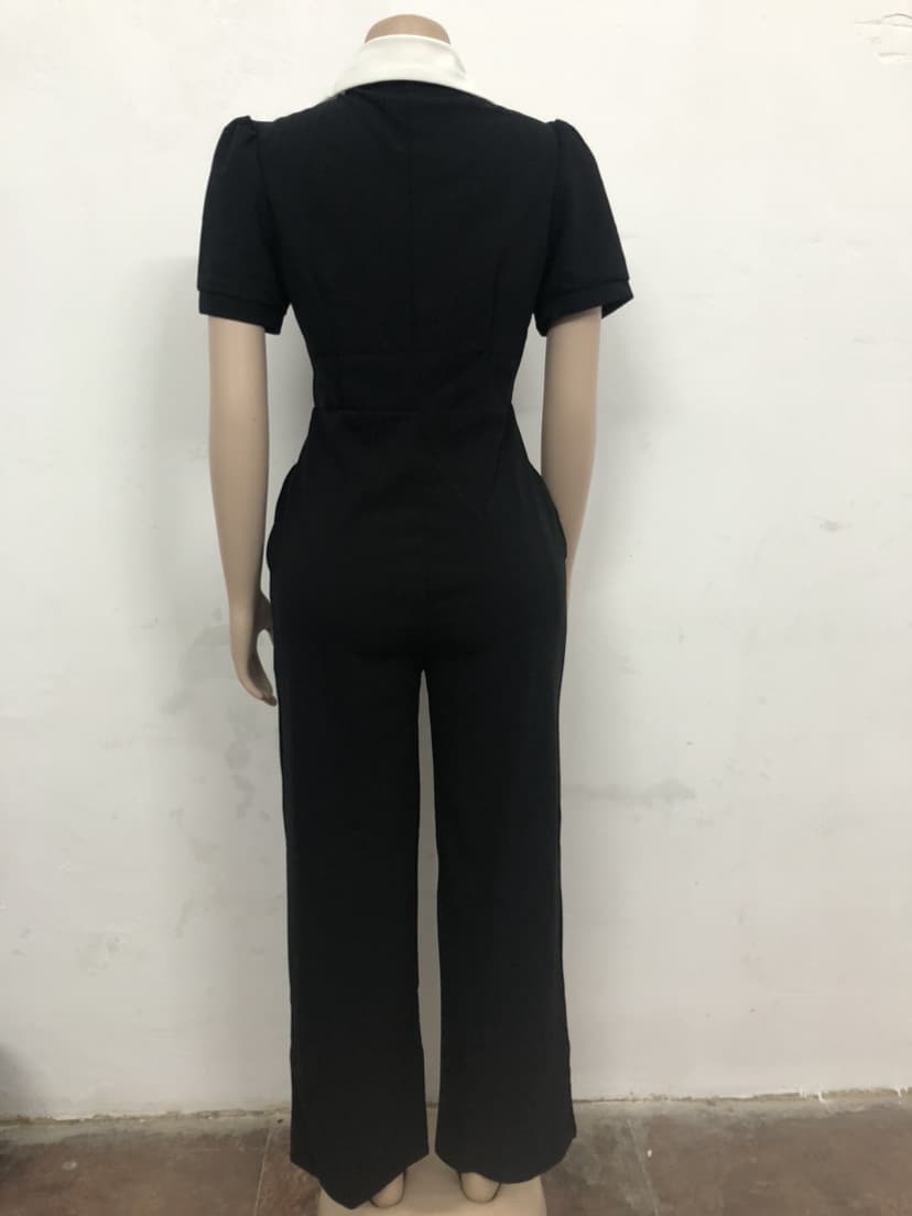 パンツセットアップ 大きな襟デザインつなぎ風パンツセットアップ