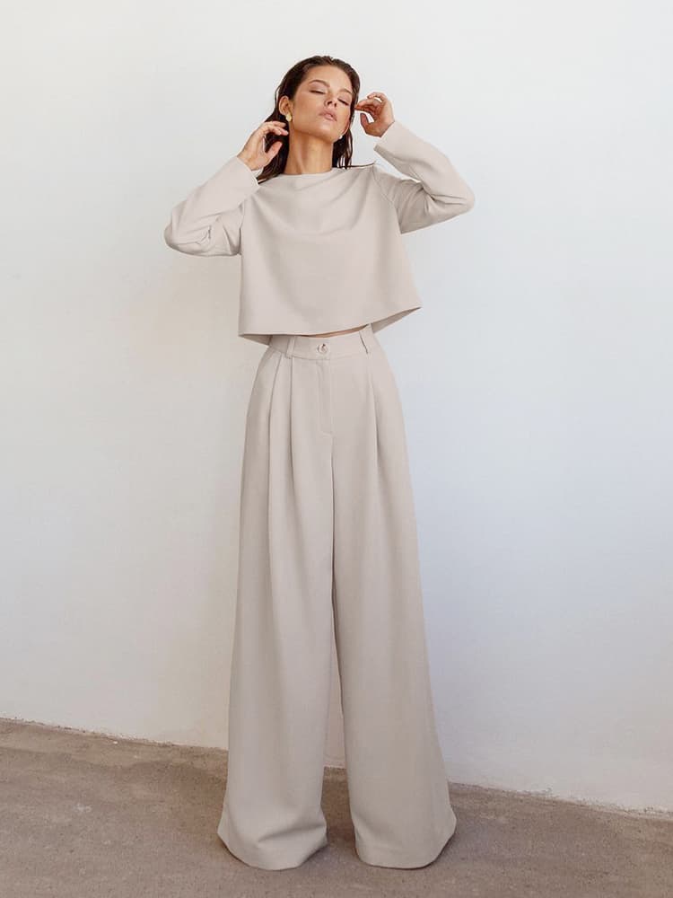 パンツセットアップ ワイド 洗練ショートトップス＆ワイドパンツセット
