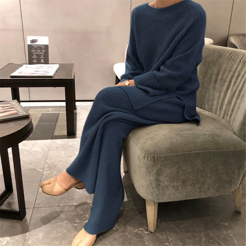 パンツセットアップ ニット上下セット ワイドパンツ レディース 体型カバー 秋冬