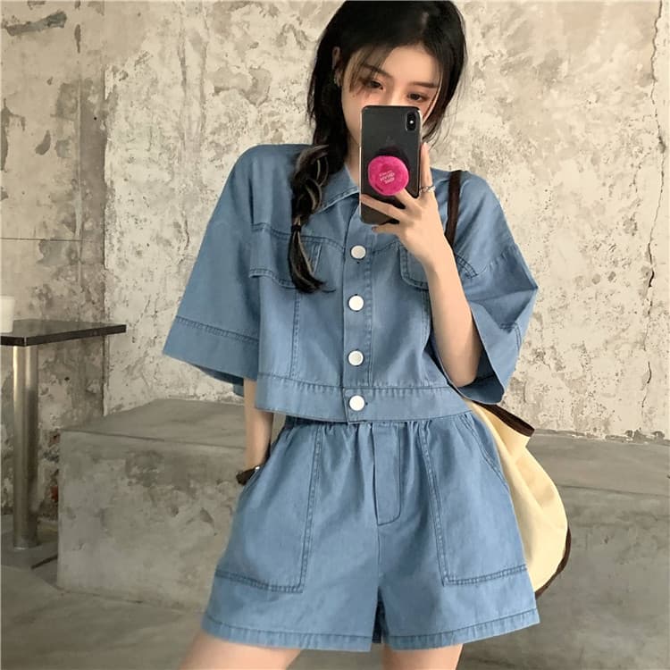 パンツセットアップ デニム風ゆったりショートパンツセット