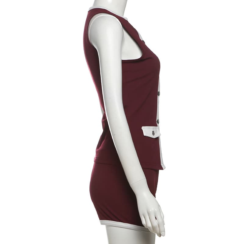 パンツセットアップ 配色切替えノースリーブベスト風ショートパンツセット