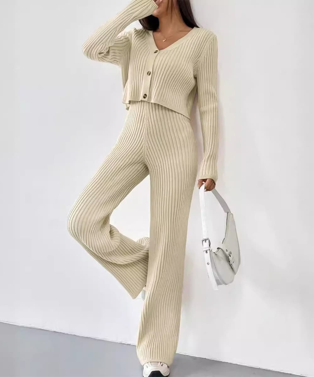 パンツセットアップ リブ編みニットセットアップ ワイドパンツ 上下セット