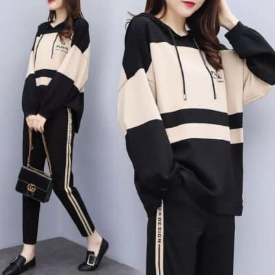 パンツセットアップ バイカラーフード付きワイドパンツセット
