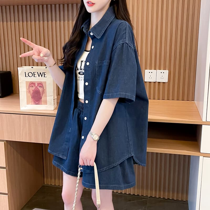 パンツセットアップ ショート ゆったりデニムシャツ＆ショートパンツセット