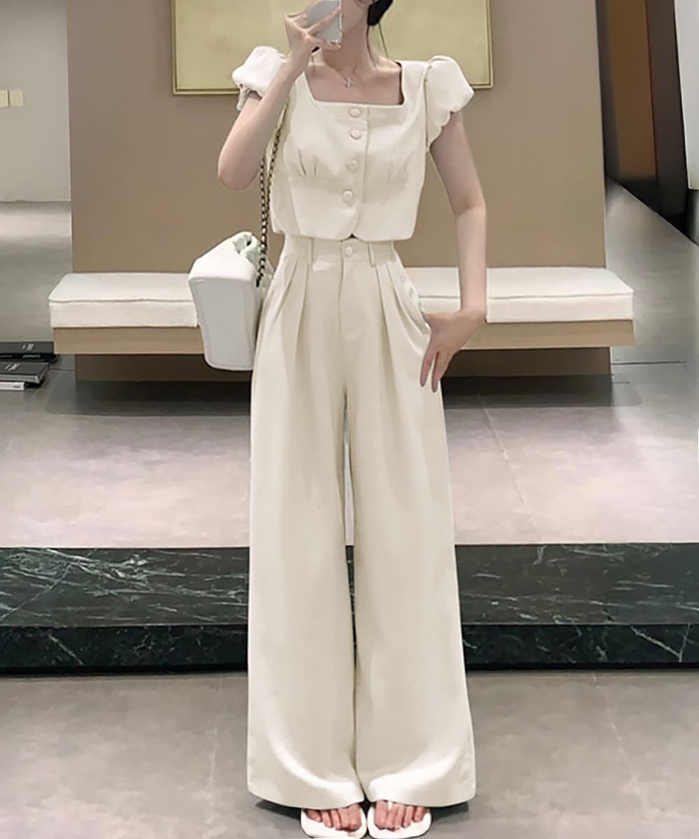 パンツセットアップ 春夏パフスリーブ上下セット ワイドパンツ