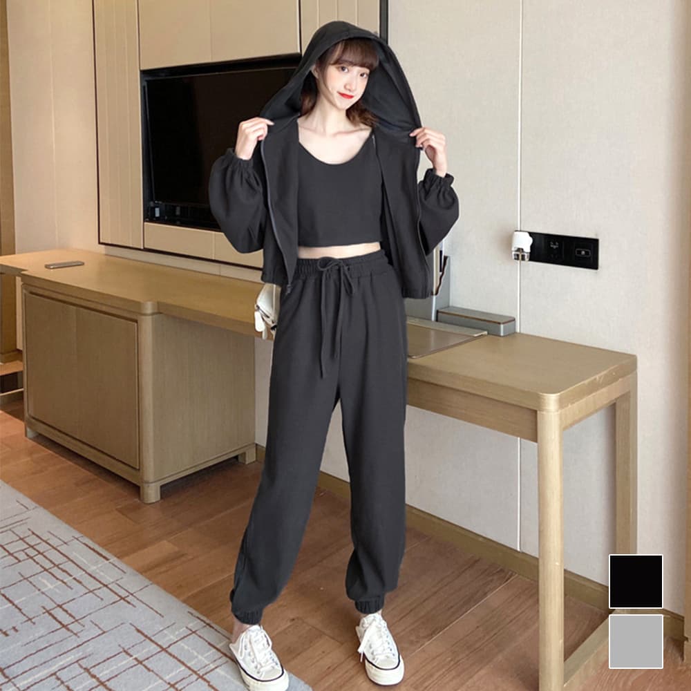 パンツセットアップ 韓国風ワイドパンツスウェット3点セット レディース