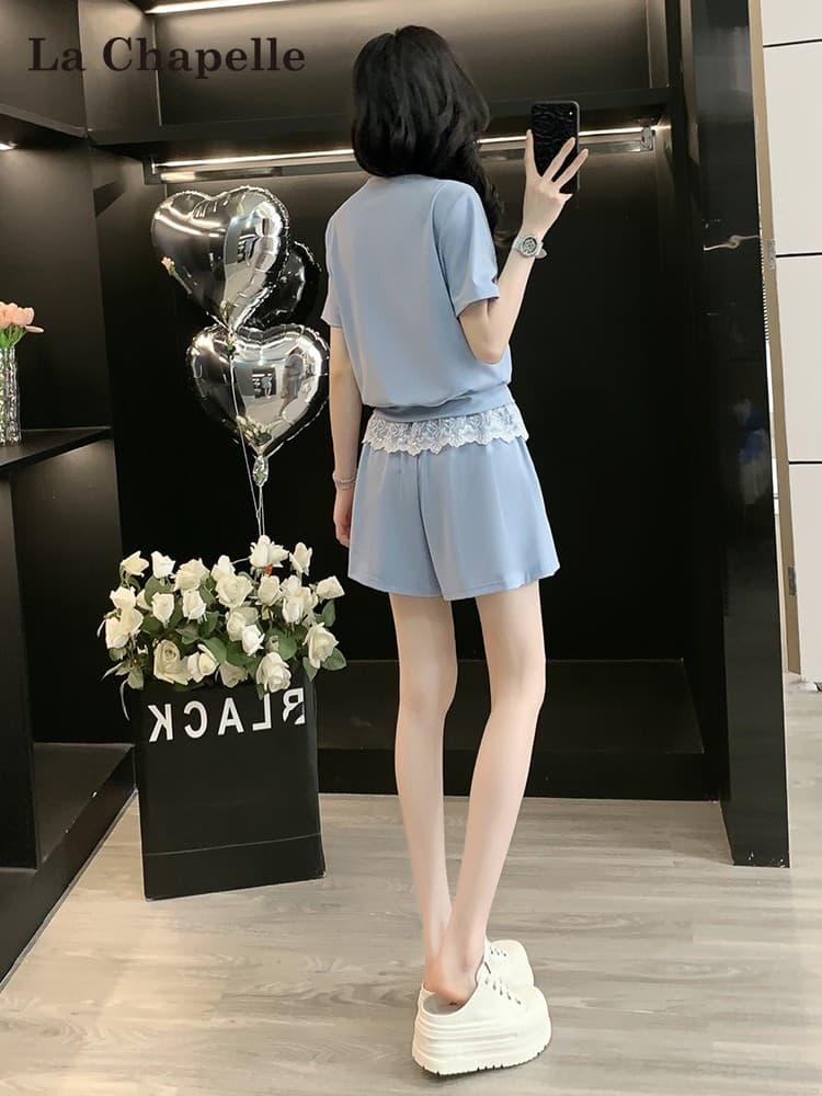 パンツセットアップ レース装飾 上品ショートセットアップ