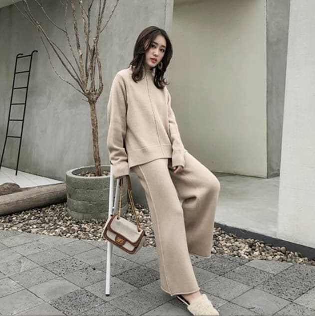 パンツセットアップ ニット上下セット ワイドパンツ レディース 体型カバー 秋冬