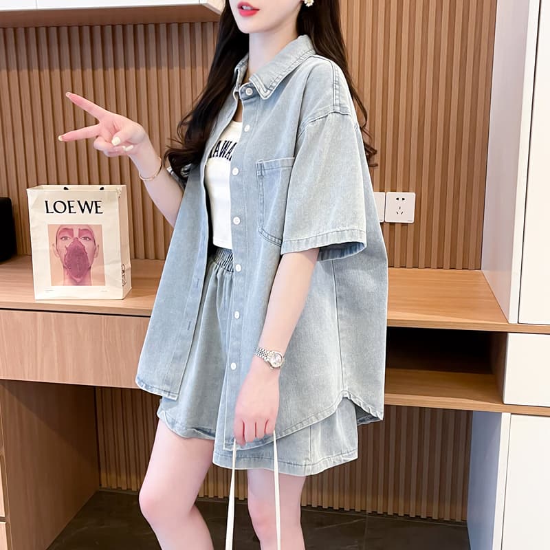 パンツセットアップ ショート ゆったりデニムシャツ＆ショートパンツセット