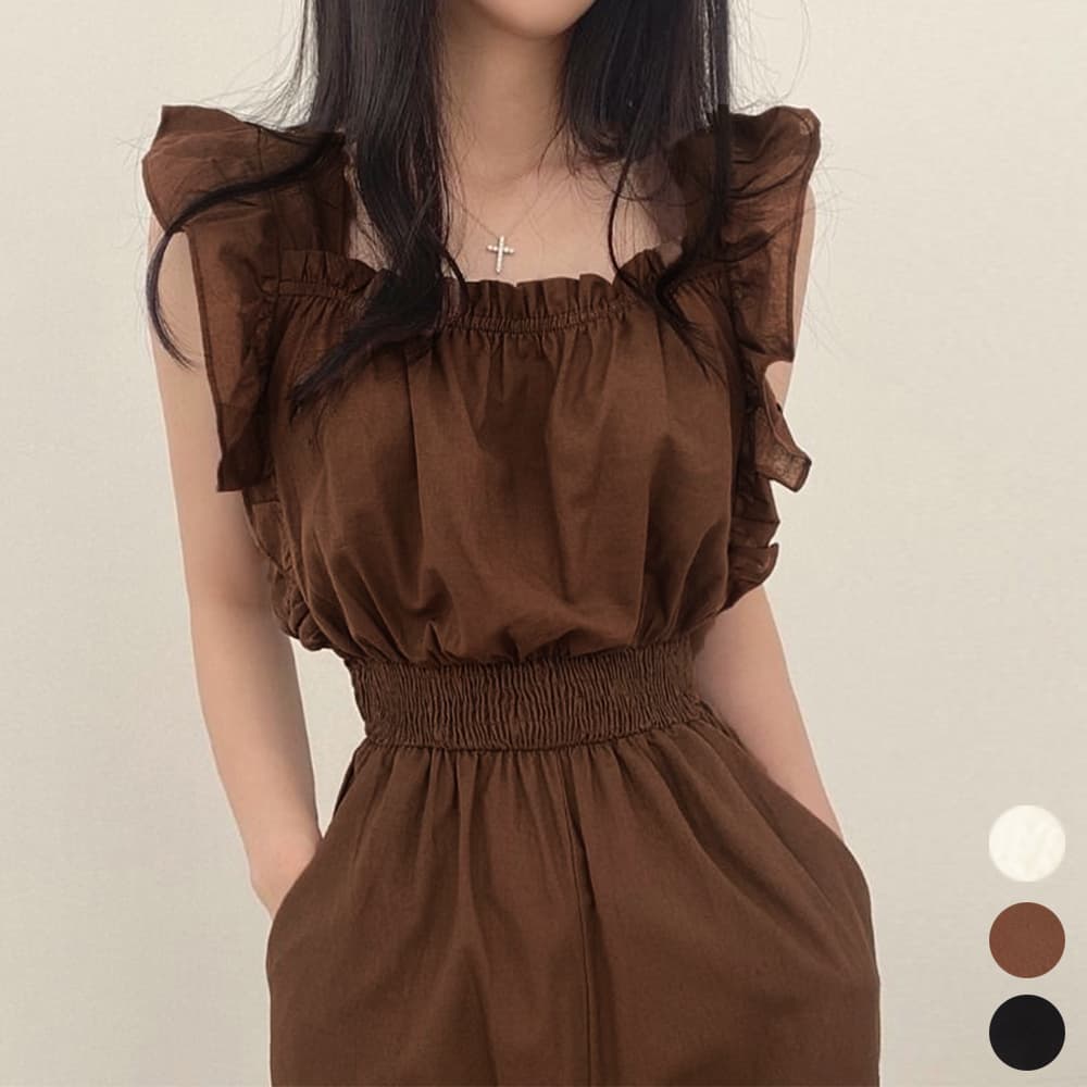 パンツセットアップ フリル袖ワイド裾オールインワンドレス