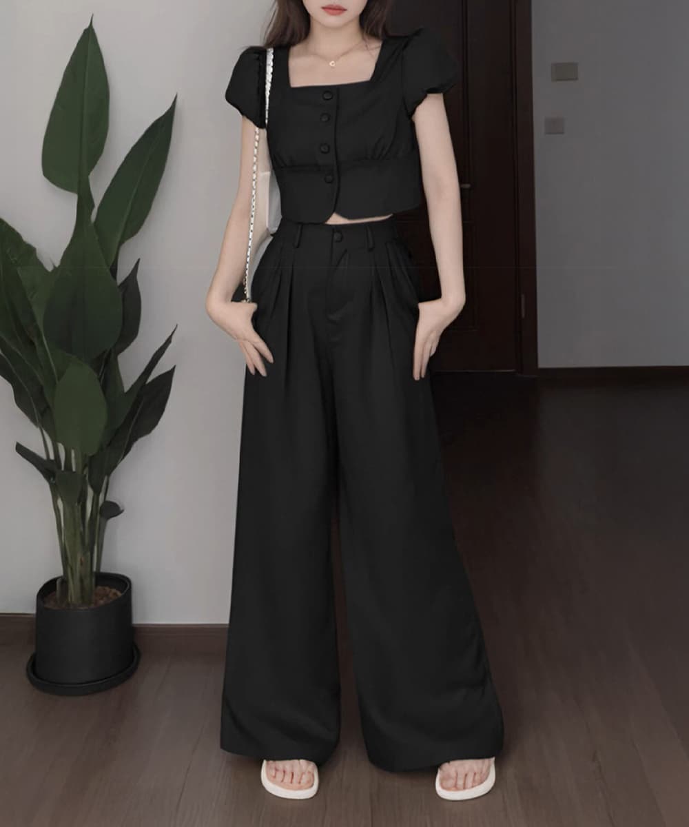 パンツセットアップ 春夏パフスリーブ上下セット ワイドパンツ