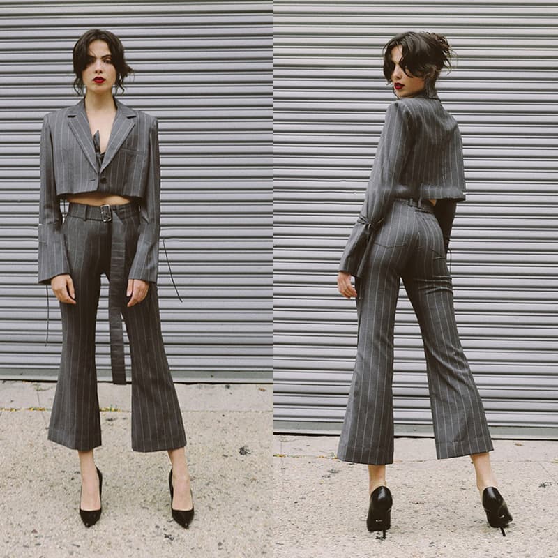 パンツセットアップ 縦縞柄ショート丈ジャケット付きワイドフレアパンツセット