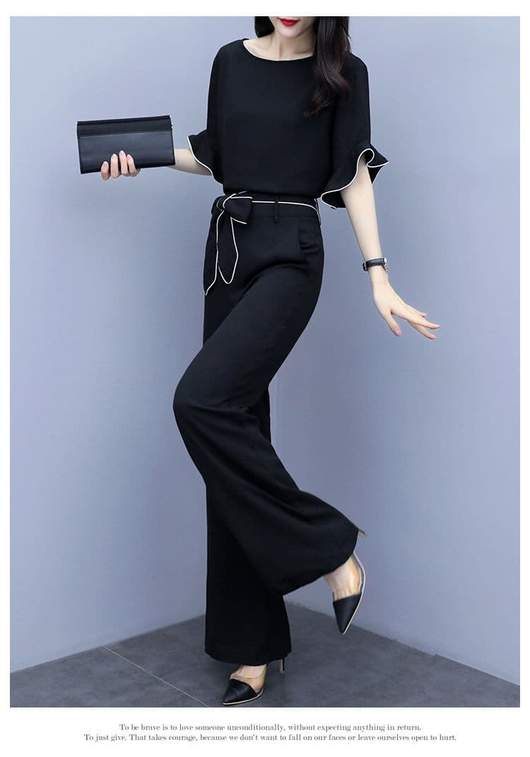 パンツセットアップ フリル袖リボンベルトワイドパンツセット