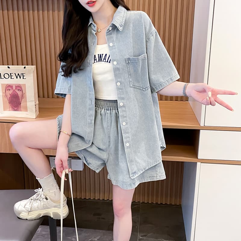 パンツセットアップ ショート ゆったりデニムシャツ＆ショートパンツセット