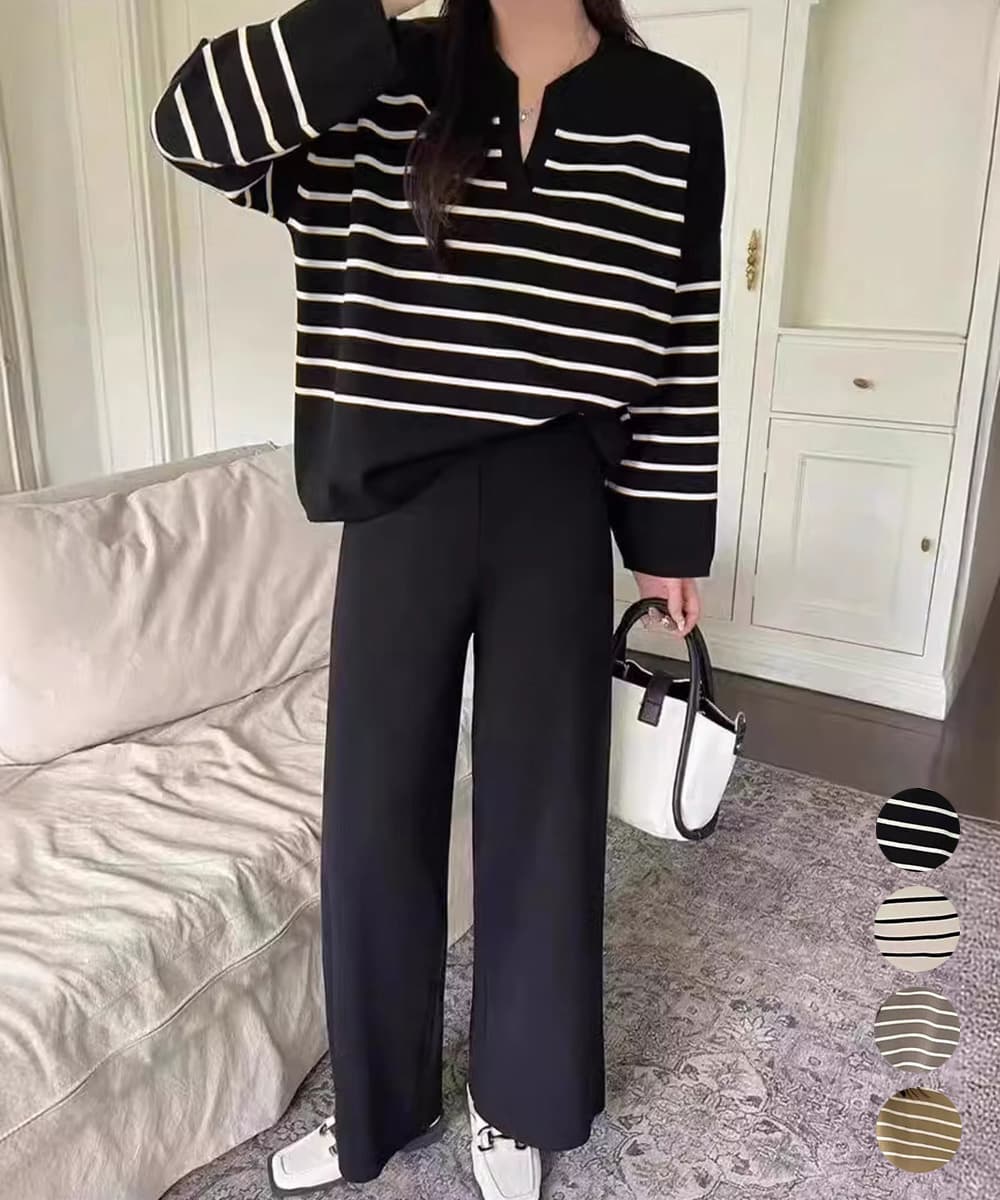 ボーダーニット上下セット ワイドパンツセットアップ