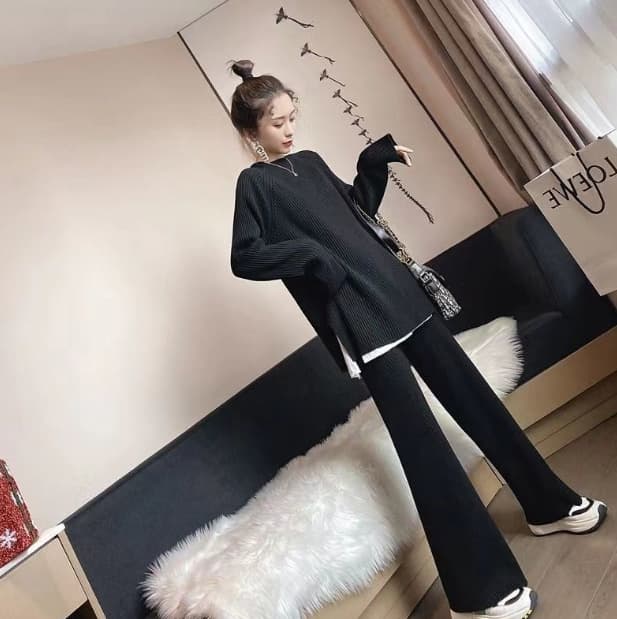 パンツセットアップ ニット上下セット ワイドパンツ レディース 体型カバー 秋冬
