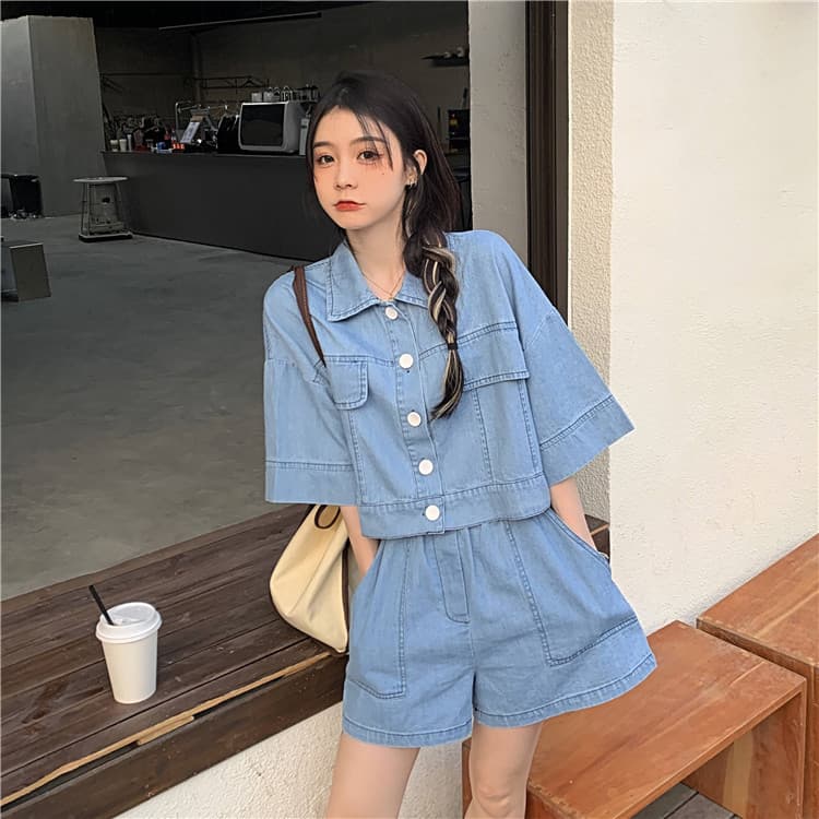 パンツセットアップ デニム風ゆったりショートパンツセット