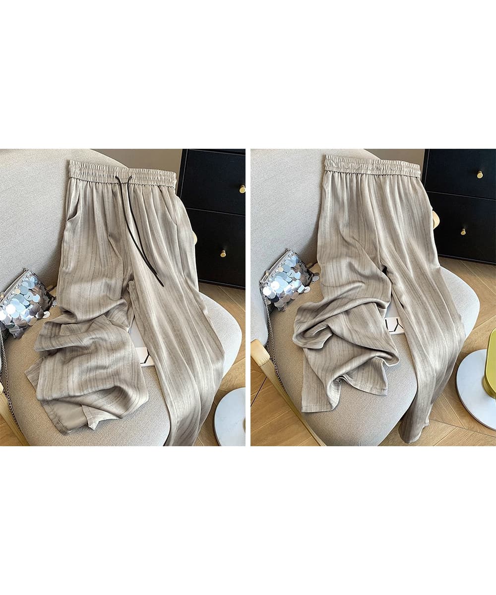 パンツセットアップ 縦縞模様ワイドパンツ 薄手涼感夏用長ズボン