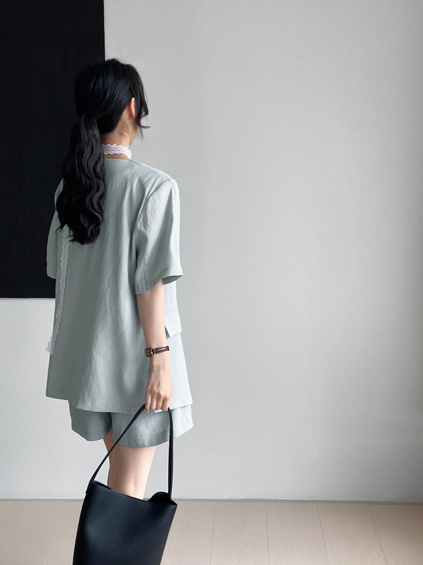 パンツセットアップ レース装飾リネン調ショートセットアップ