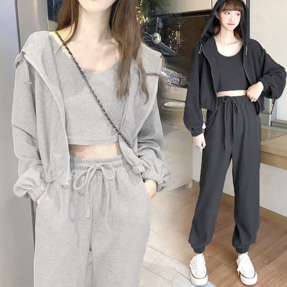 パンツセットアップ 韓国風ワイドパンツスウェット3点セット レディース