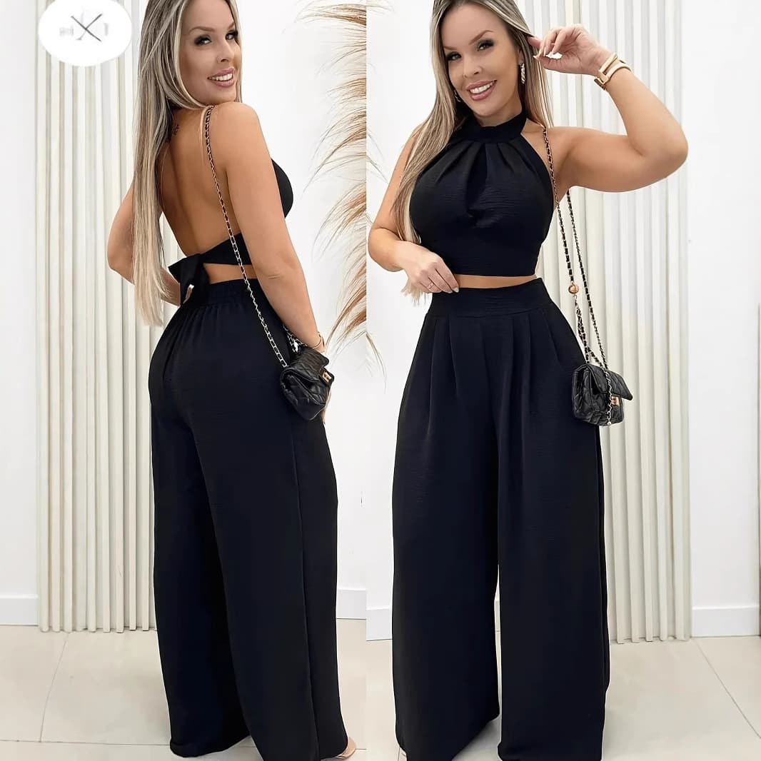 パンツセットアップ バックオープン ホルターネック ワイドパンツセット