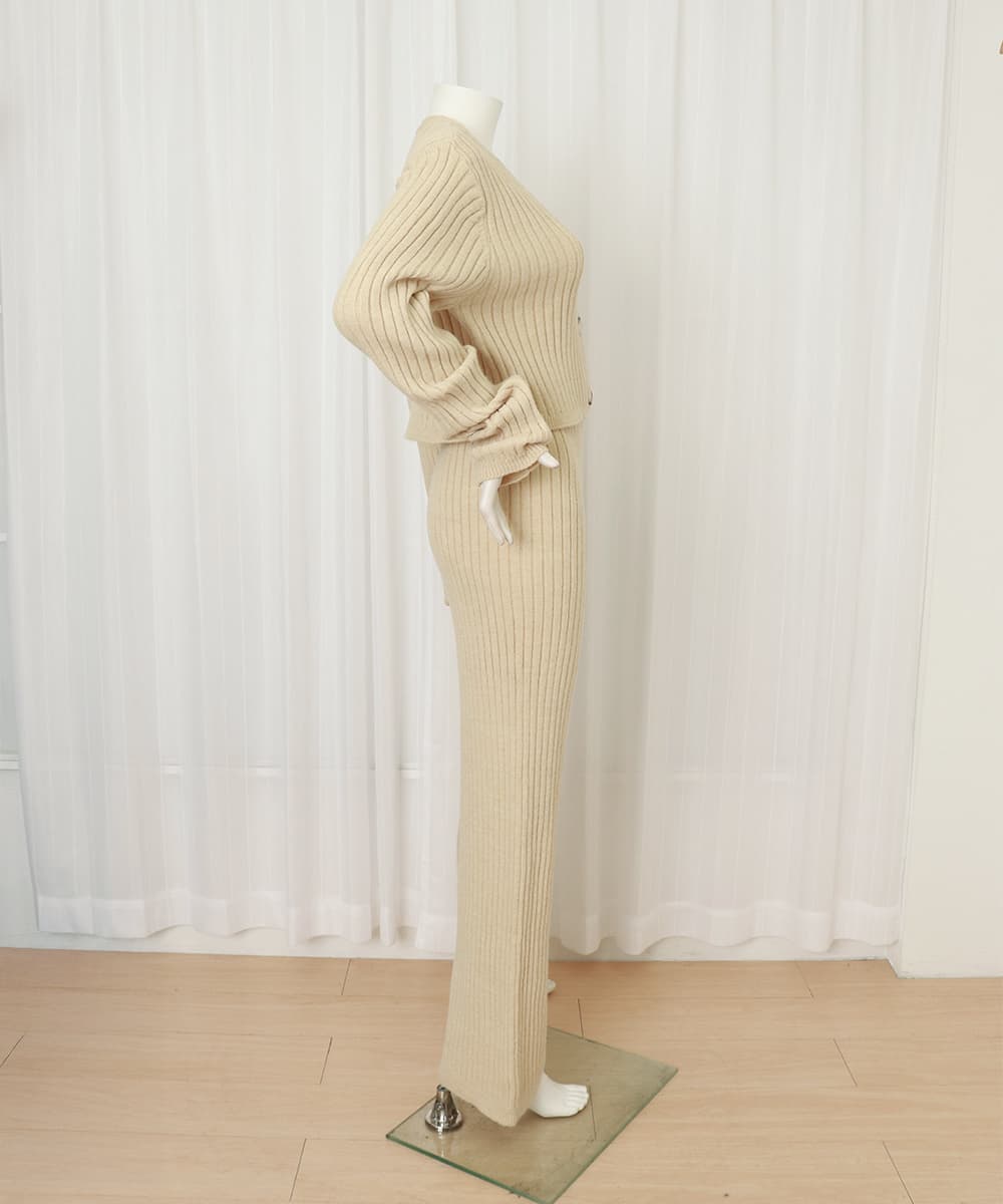 パンツセットアップ リブ編みニットセットアップ ワイドパンツ 上下セット