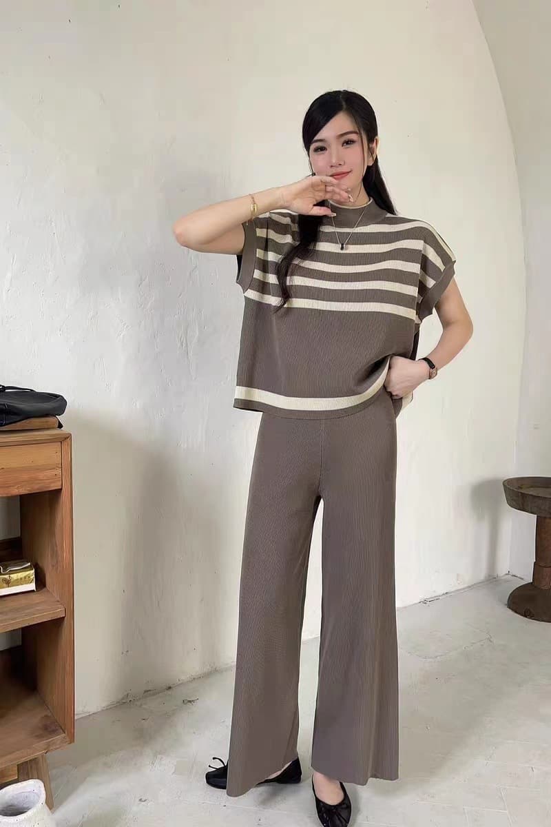 パンツセットアップ ボーダーニット ワイドパンツセットアップ