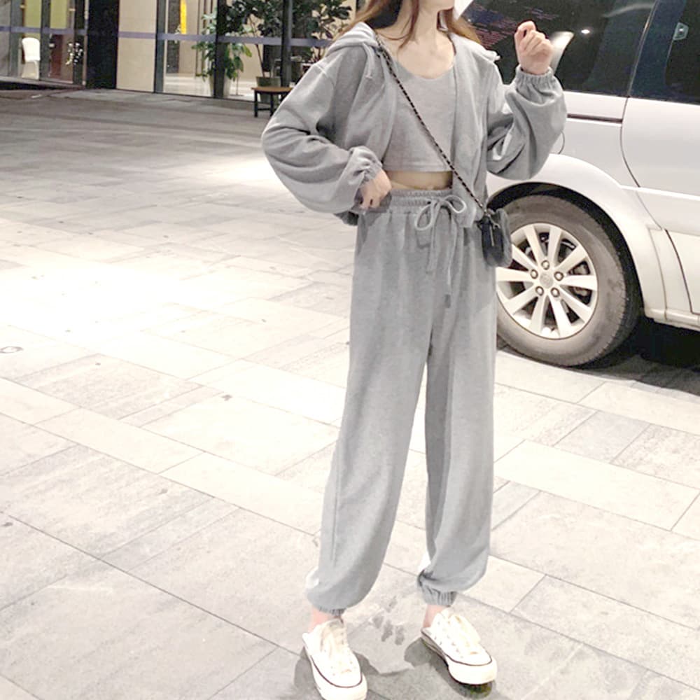 パンツセットアップ 韓国風ワイドパンツスウェット3点セット レディース