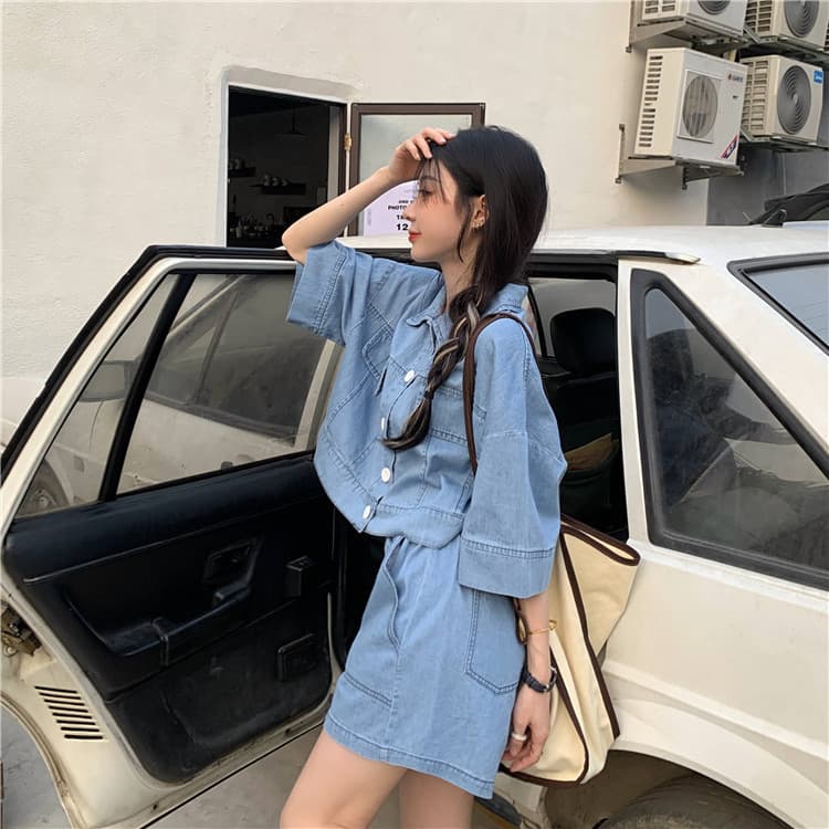 パンツセットアップ デニム風ゆったりショートパンツセット