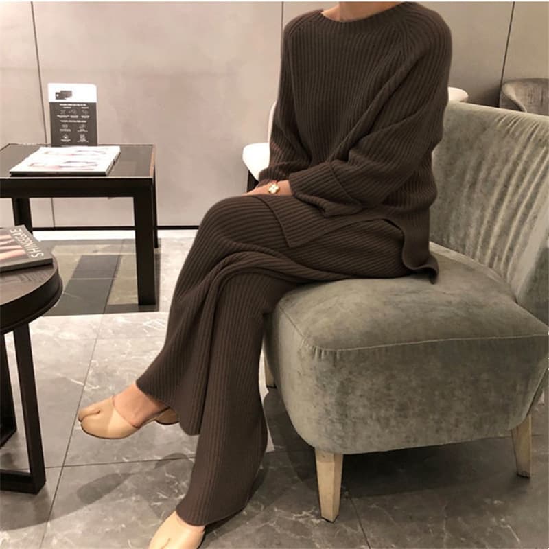 パンツセットアップ ニット上下セット ワイドパンツ レディース 体型カバー 秋冬