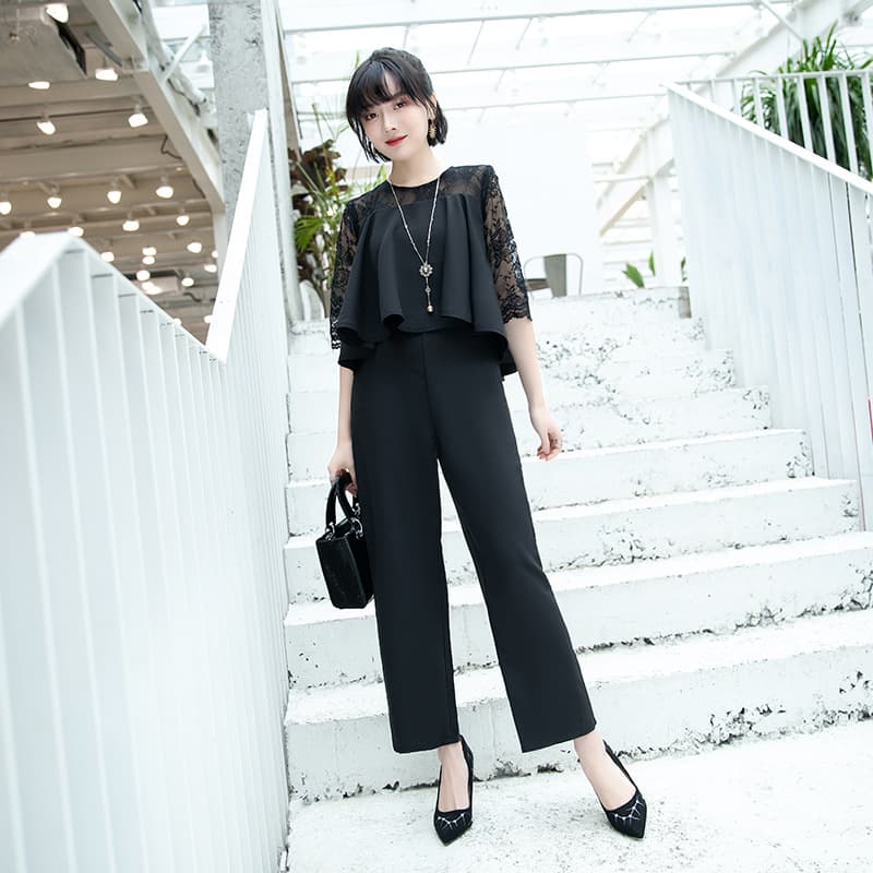 パンツセットアップ レース袖付き重ね着風パンツセットアップ